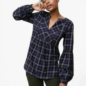 Loft Plaid Women's Tunic Top With Balloon Sleeves Size L